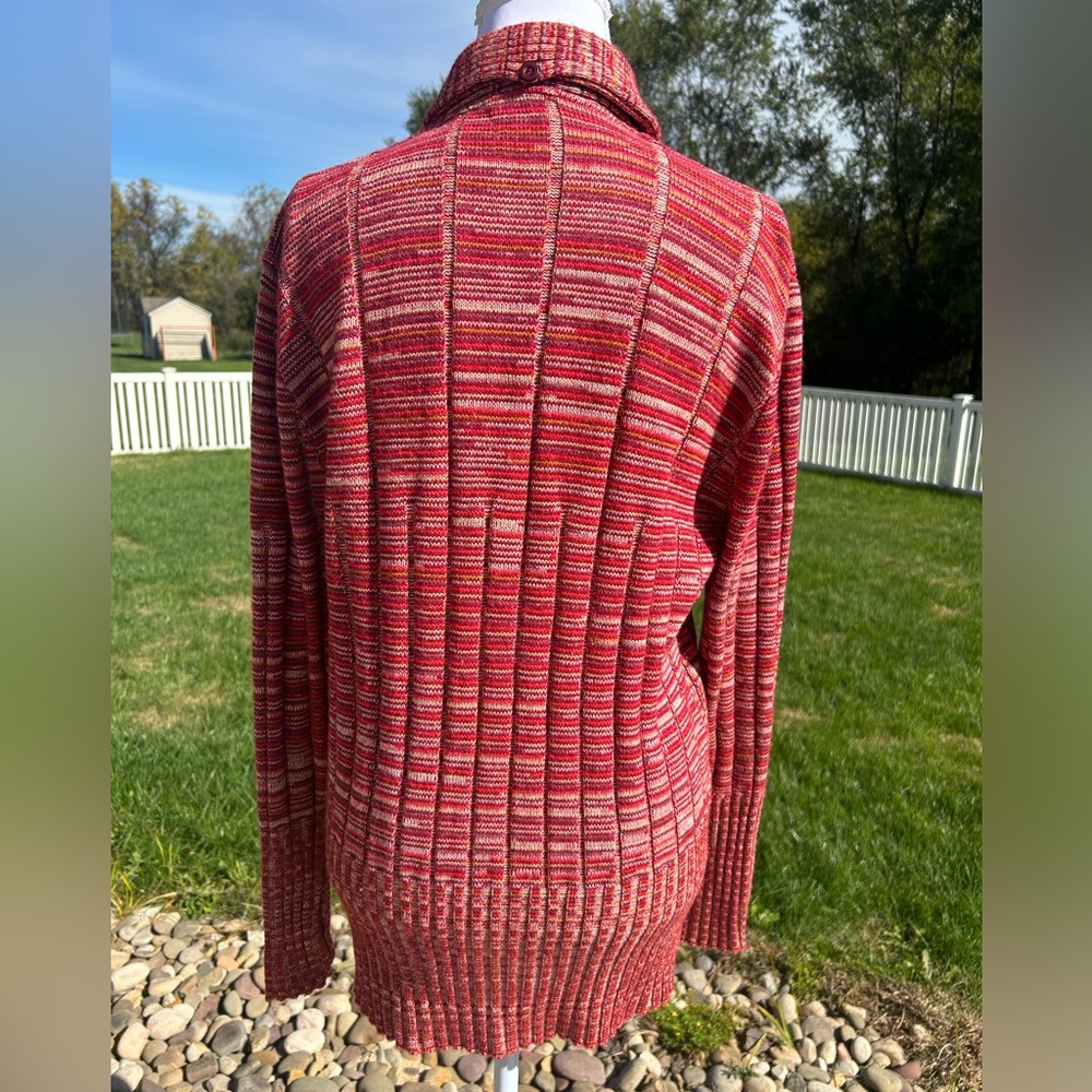 Vintage 70s Knit Red Rust Gold Space Dye Big Collar Henley Button Sweater Top S - Picture 4 of 6